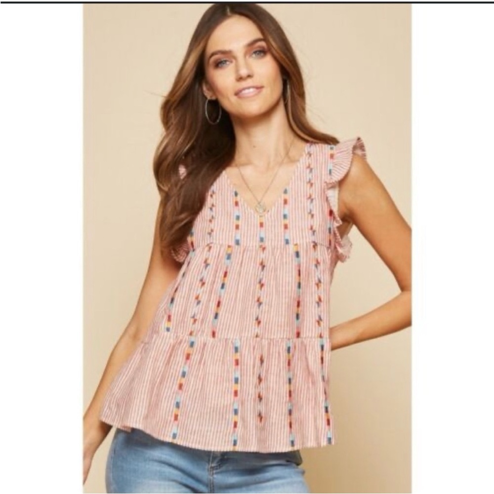Savanna Jane Embroidered Striped Ruffle Blouse Red and white